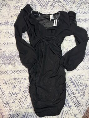 Black Sparkle Long-Sleeve Ruched Dress